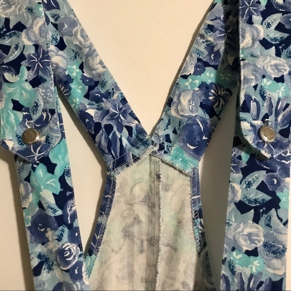 Retro Eber San Francisco Blue Floral Button Fly Short Jean Overalls - Picture 3 of 6